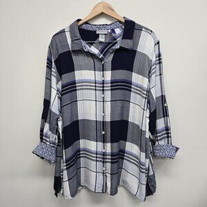 Catherines Roll Tab Button Up Shirt 3X 26/28WP Petite Blue Plaid Contrast Cuff